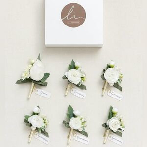 White and Green Boutonniere for Groom and 5 groomsmen